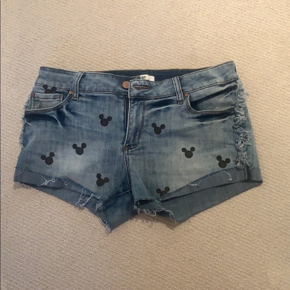 BP denim jean shorts with Mickey Mouse.
